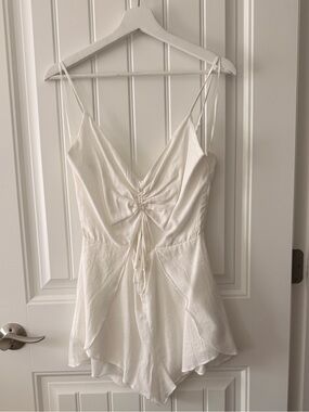 White Linen Spaghetti-Strap Romper with Front Tie